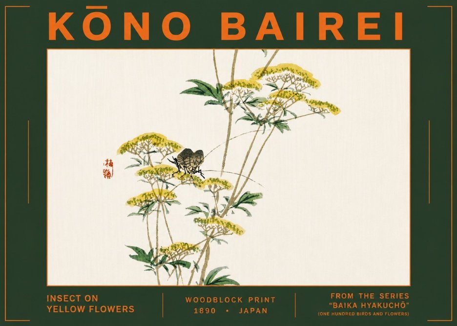 Kōno Bairei Insect on Yellow Flowers No6 - Affiche