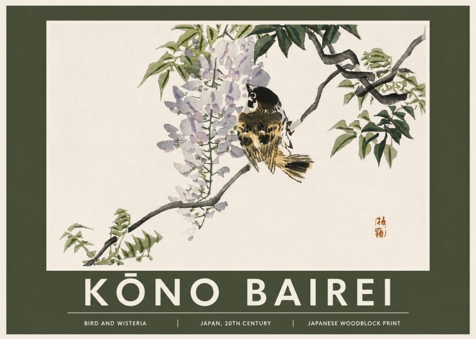 Kōno Bairei Wisteria and Bird No3 - Affiche