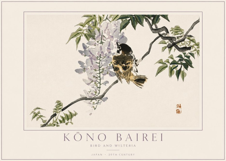 Kōno Bairei Wisteria and Bird No4 - Affiche