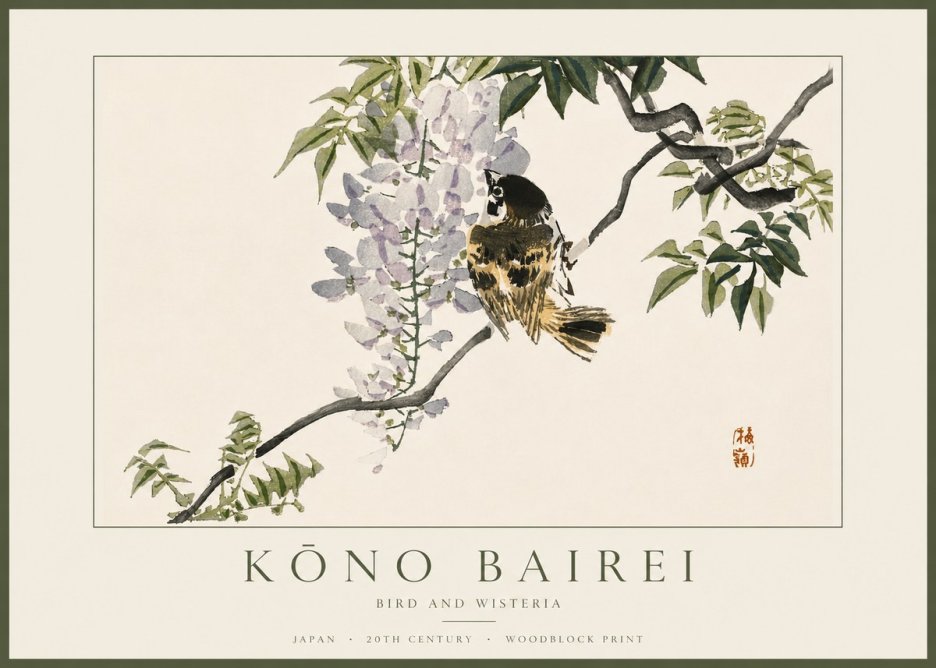 Kōno Bairei Wisteria and Bird No5 - Affiche