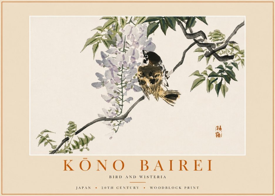 Kōno Bairei Wisteria and Bird No6 - Affiche