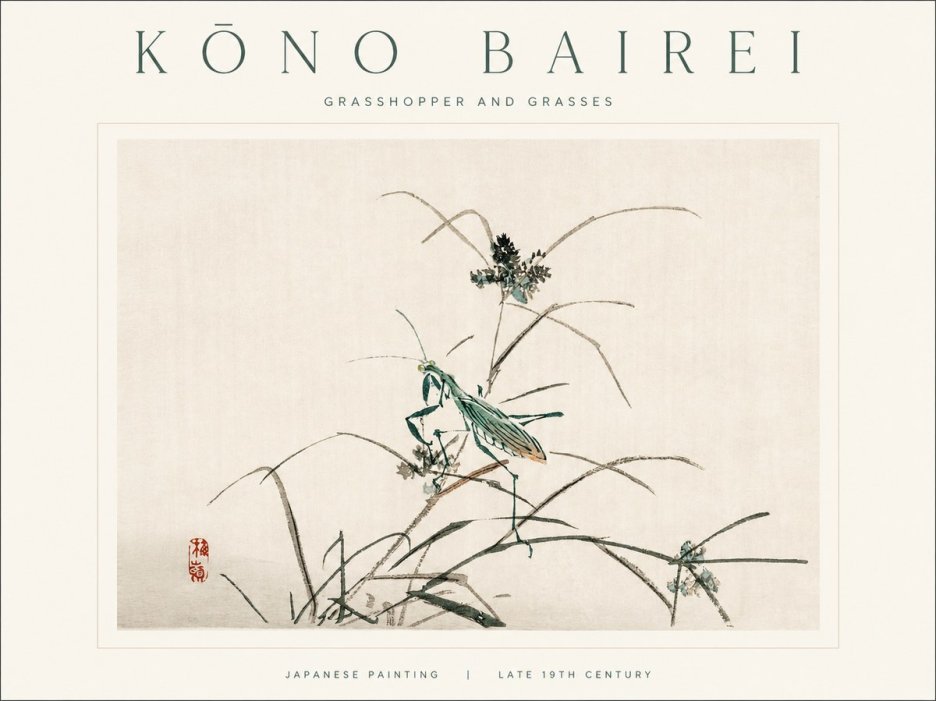 Kōno Bairei Grasshopper and Grasses No1 - Affiche