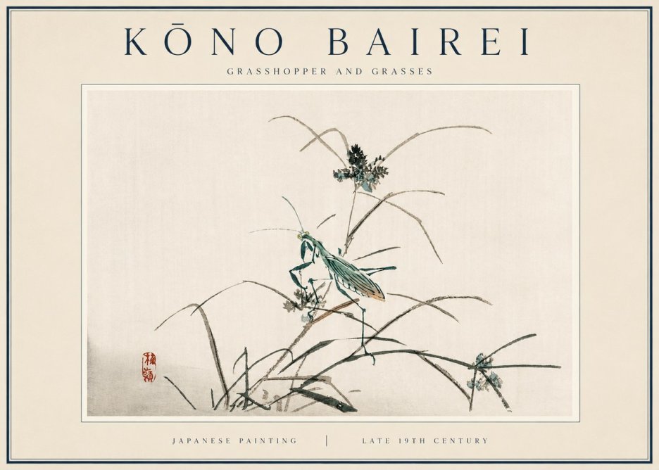 Kōno Bairei Grasshopper and Grasses No3 - Affiche