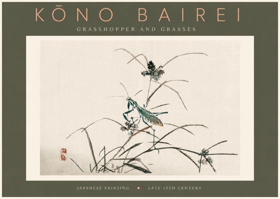 Kōno Bairei Grasshopper and Grasses No4 - Affiche