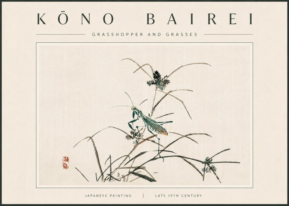 Kōno Bairei Grasshopper and Grasses No6 - Affiche