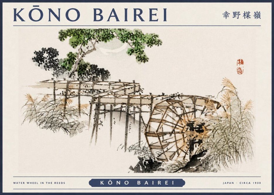 Kōno Bairei Water Wheel in the Reeds No3 - Affiche