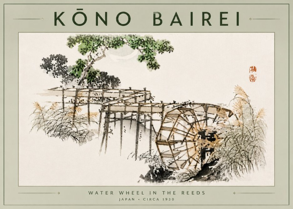 Kōno Bairei Water Wheel in the Reeds No6 - Affiche