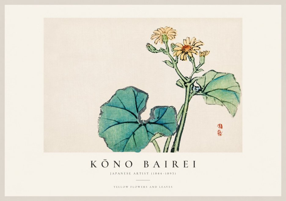 Kōno Bairei Yellow Flowers and Leaves No1 - Affiche
