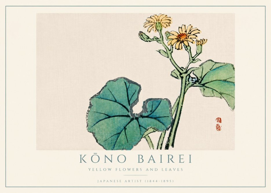 Kōno Bairei Yellow Flowers and Leaves No4 - Affiche