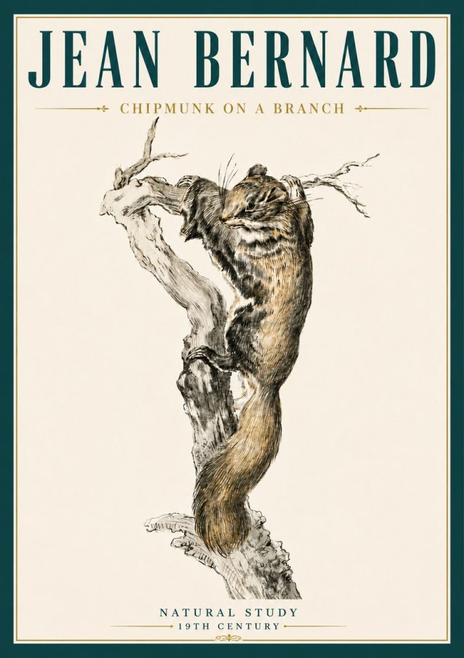 Jean Bernard Study of a Squirrel Climbing a Branch No6 - Affiche