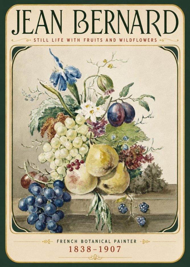 Jean Bernard Still Life with Fruits and Wildflowers No6 - Affiche