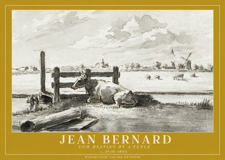 Jean Bernard Cow Resting by a Fence No1 - Affiche