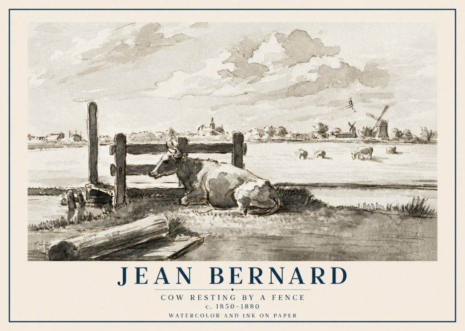 Jean Bernard Cow Resting by a Fence No2 - Affiche