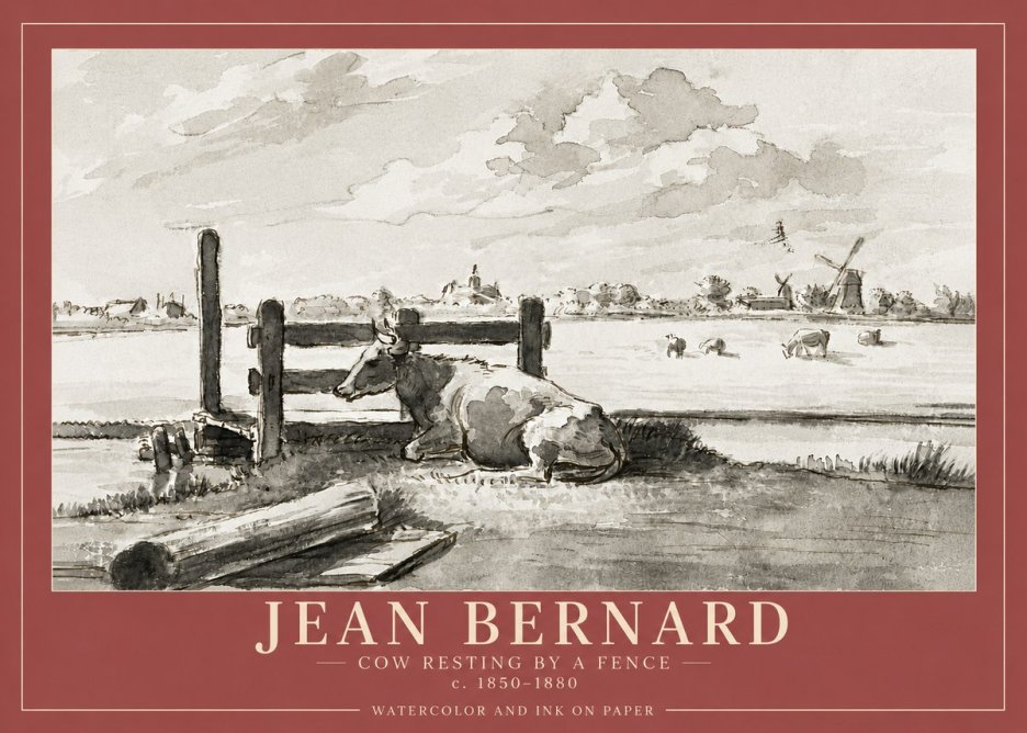 Jean Bernard Cow Resting by a Fence No4 - Affiche