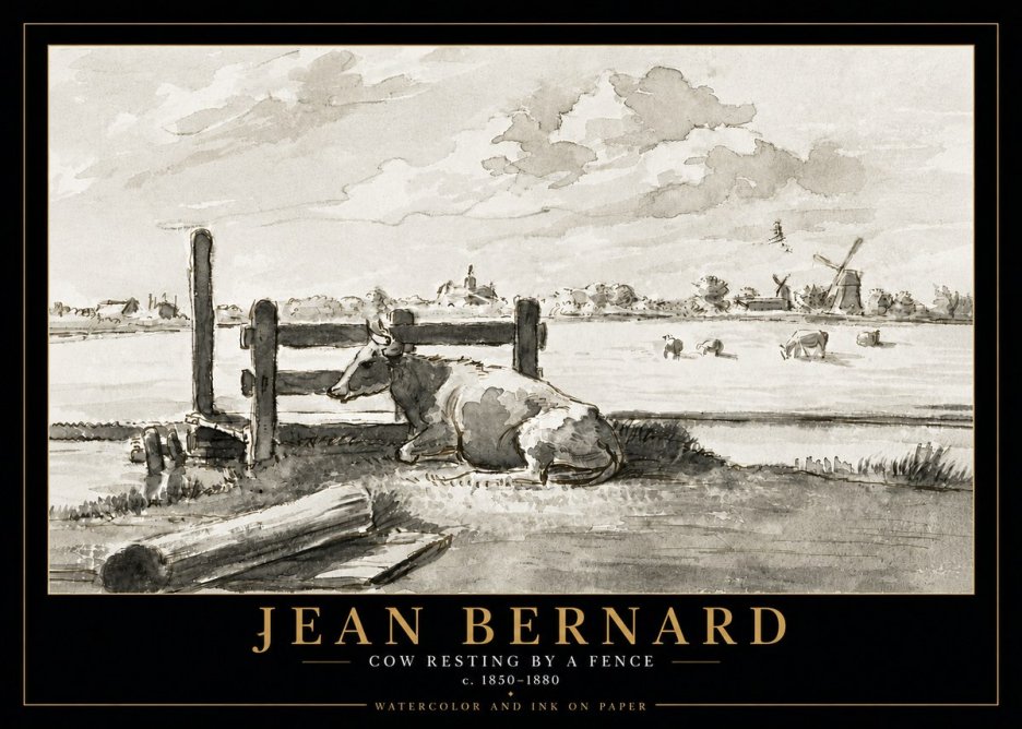 Jean Bernard Cow Resting by a Fence No5 - Affiche