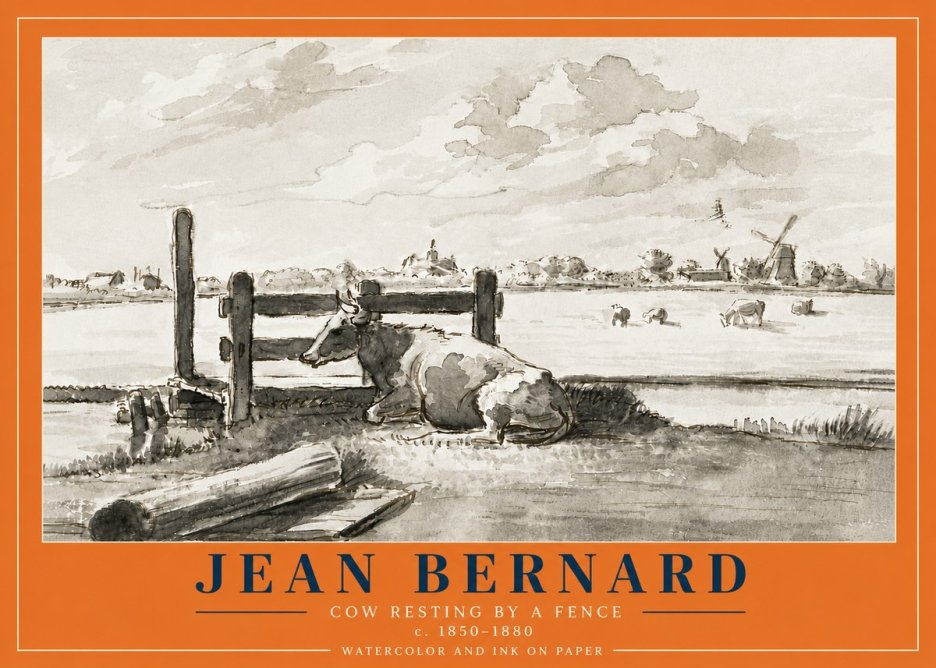 Jean Bernard Cow Resting by a Fence No6 - Affiche