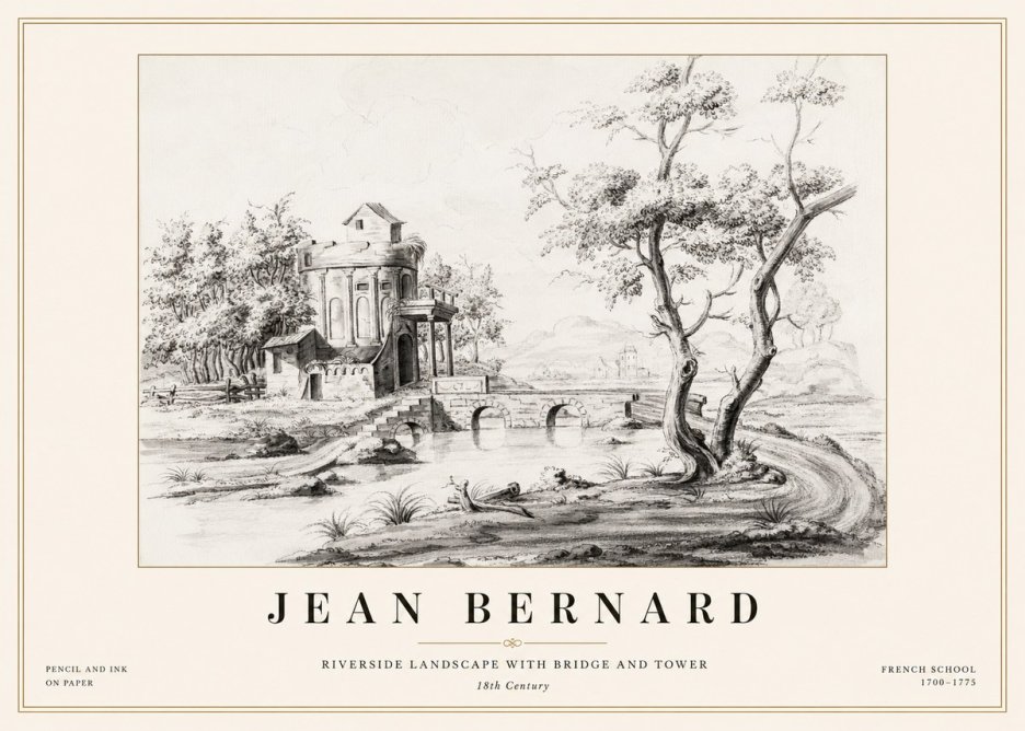 Jean Bernard Riverside Landscape with Bridge and Tower No1 - Affiche