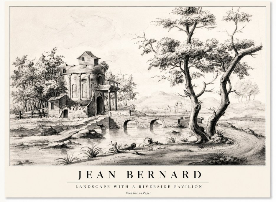 Jean Bernard Riverside Landscape with Bridge and Tower No2 - Affiche