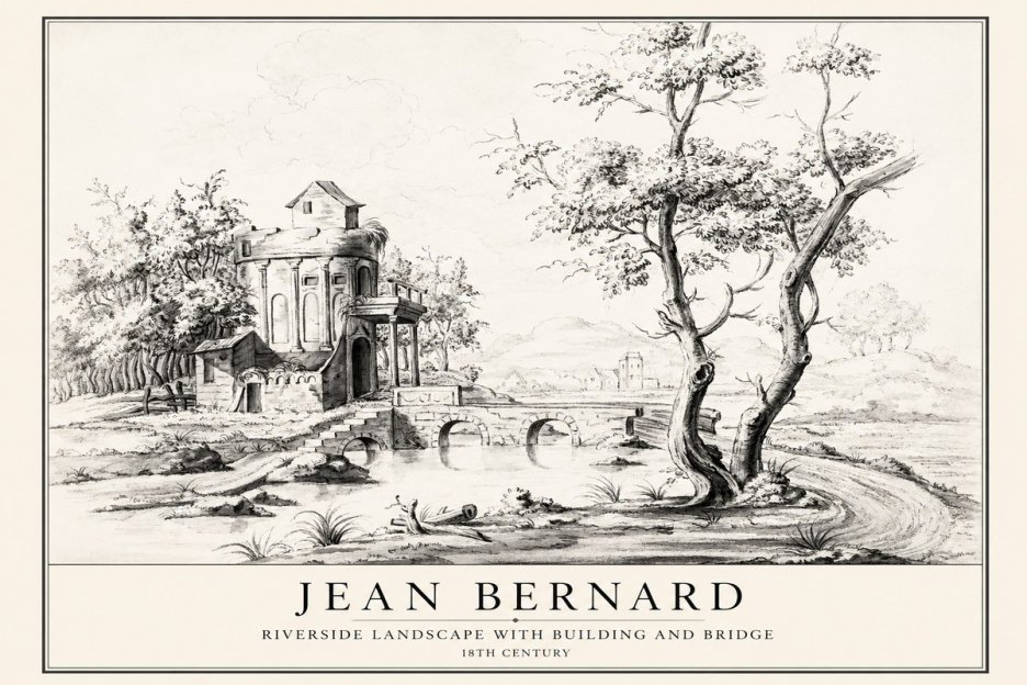 Jean Bernard Riverside Landscape with Bridge and Tower No4 - Affiche
