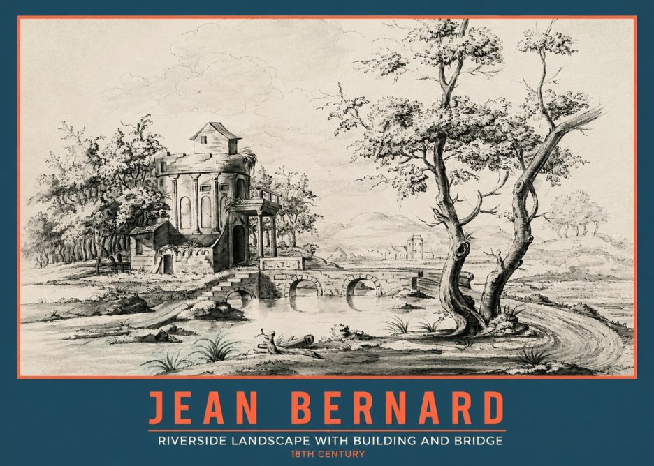 Jean Bernard Riverside Landscape with Bridge and Tower No5 - Affiche