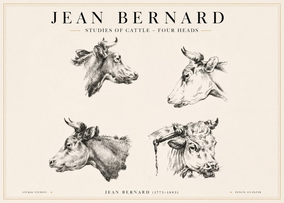 Jean Bernard Studies of Cattle - Four Heads No1 - Affiche