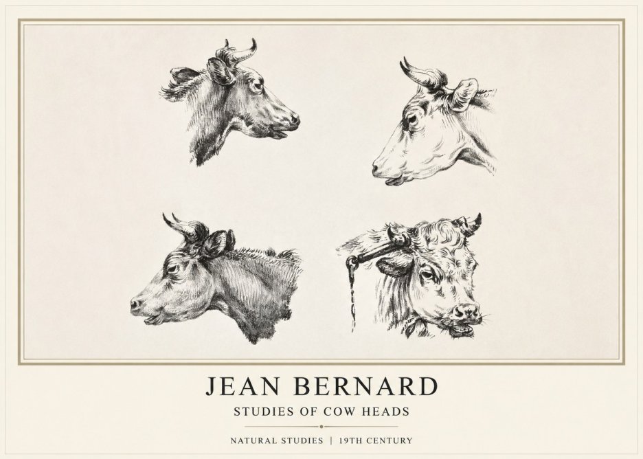 Jean Bernard Studies of Cattle - Four Heads No2 - Affiche