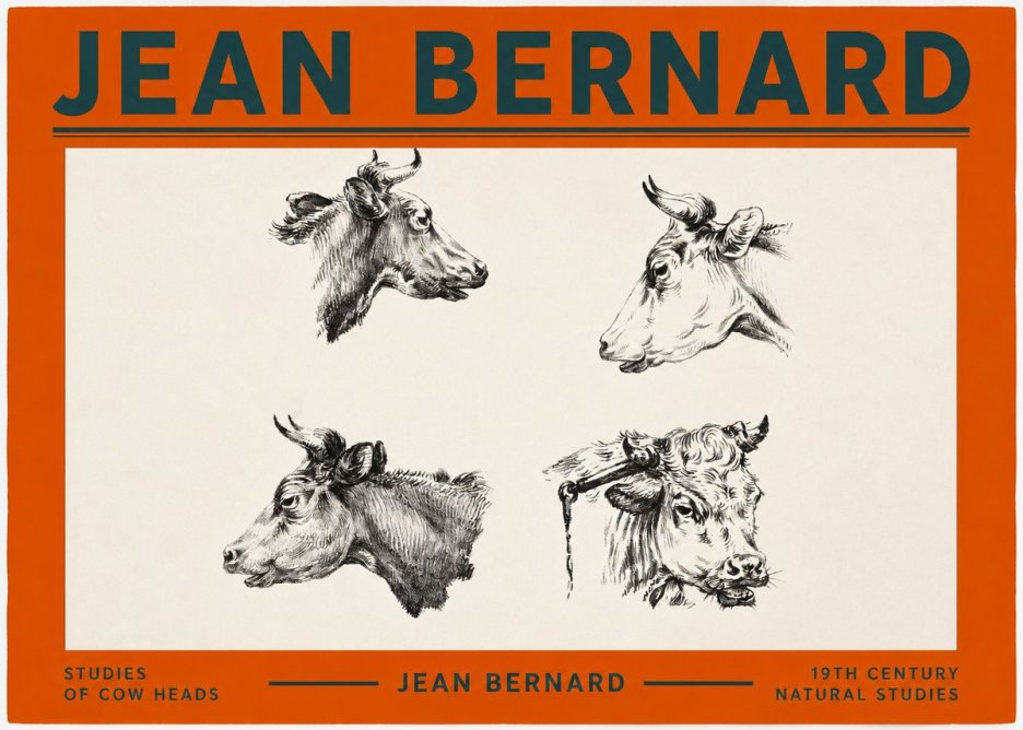 Jean Bernard Studies of Cattle - Four Heads No3 - Affiche