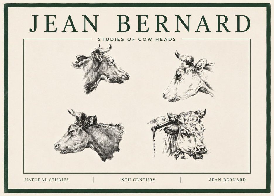 Jean Bernard Studies of Cattle - Four Heads No4 - Affiche