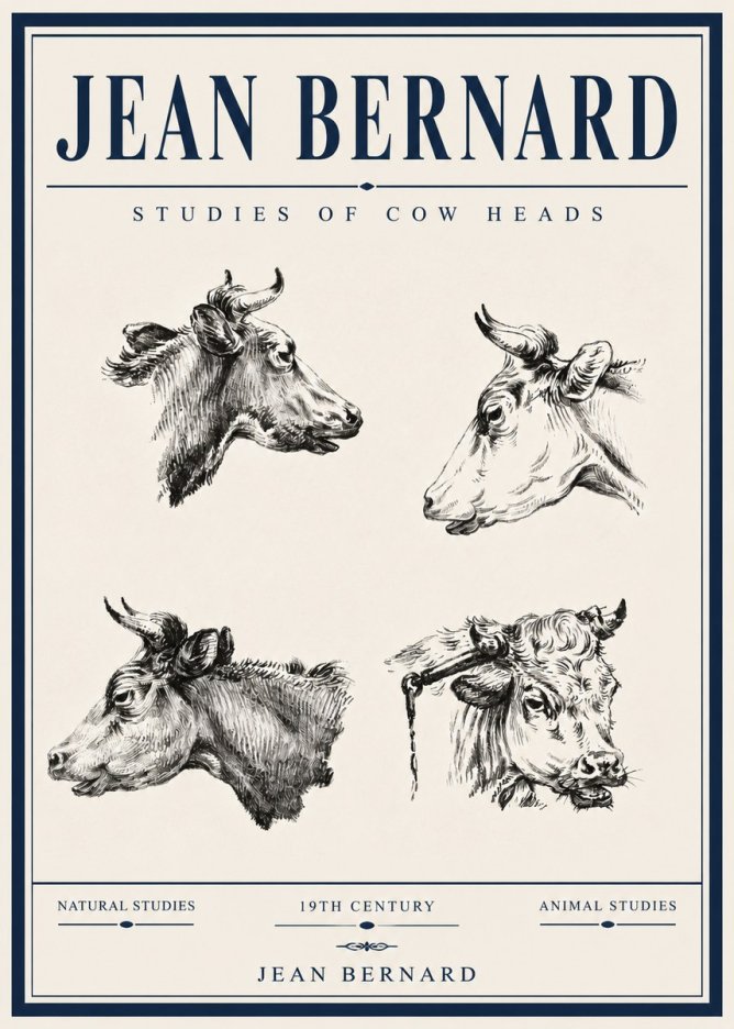 Jean Bernard Studies of Cattle - Four Heads No6 - Affiche