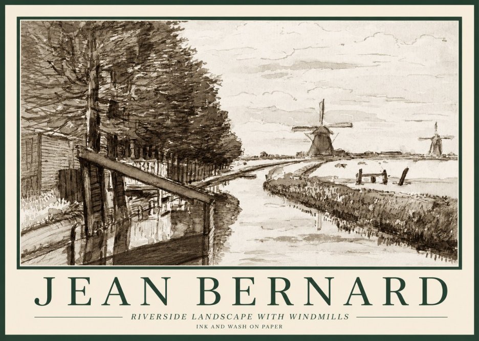 Jean Bernard Riverside Landscape with Windmills No1 - Affiche