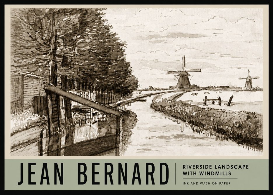 Jean Bernard Riverside Landscape with Windmills No3 - Affiche