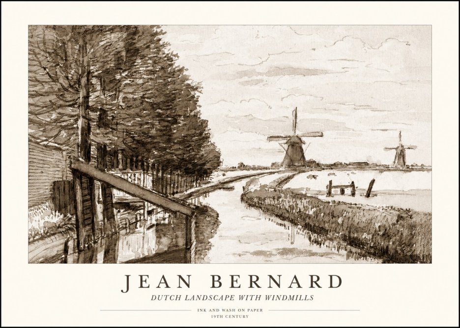 Jean Bernard Riverside Landscape with Windmills No4 - Affiche