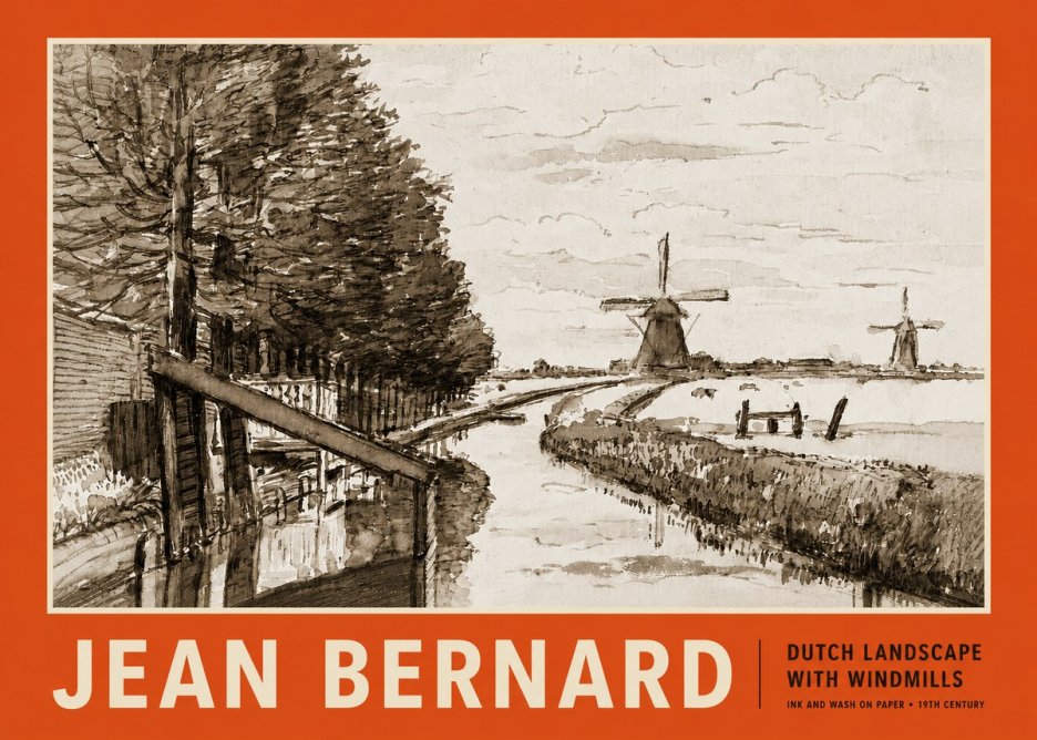 Jean Bernard Riverside Landscape with Windmills No5 - Affiche