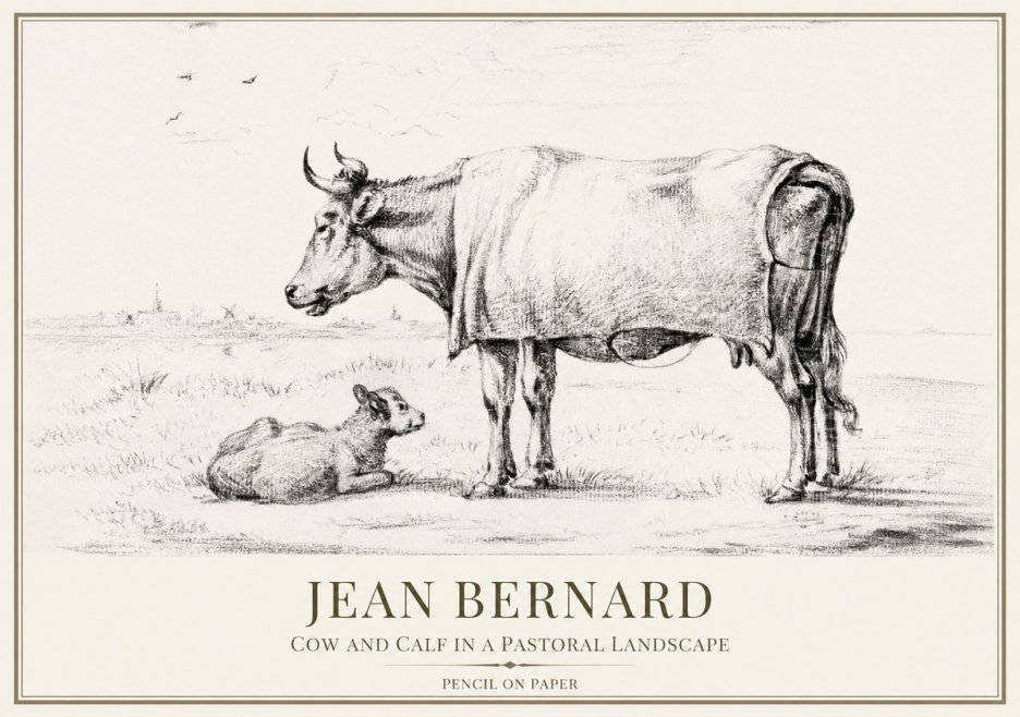 Jean Bernard Cow and Calf in a Pastoral Landscape No1 - Affiche