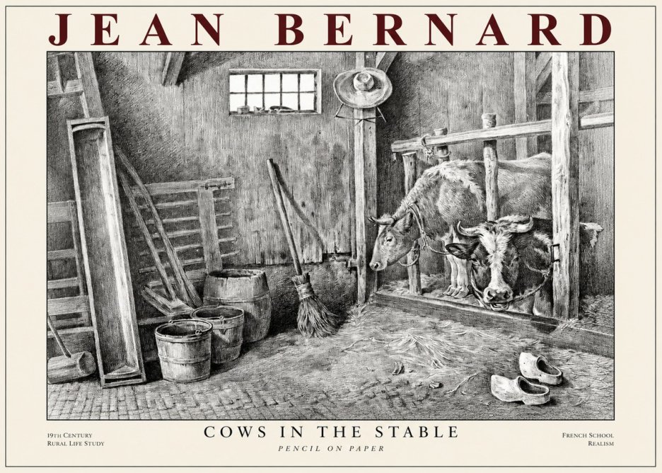 Jean Bernard Cows in the Stable No1 - Affiche