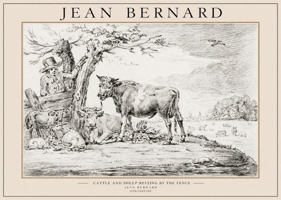 Jean Bernard Cattle and Sheep Resting by the Fence No1 - Affiche