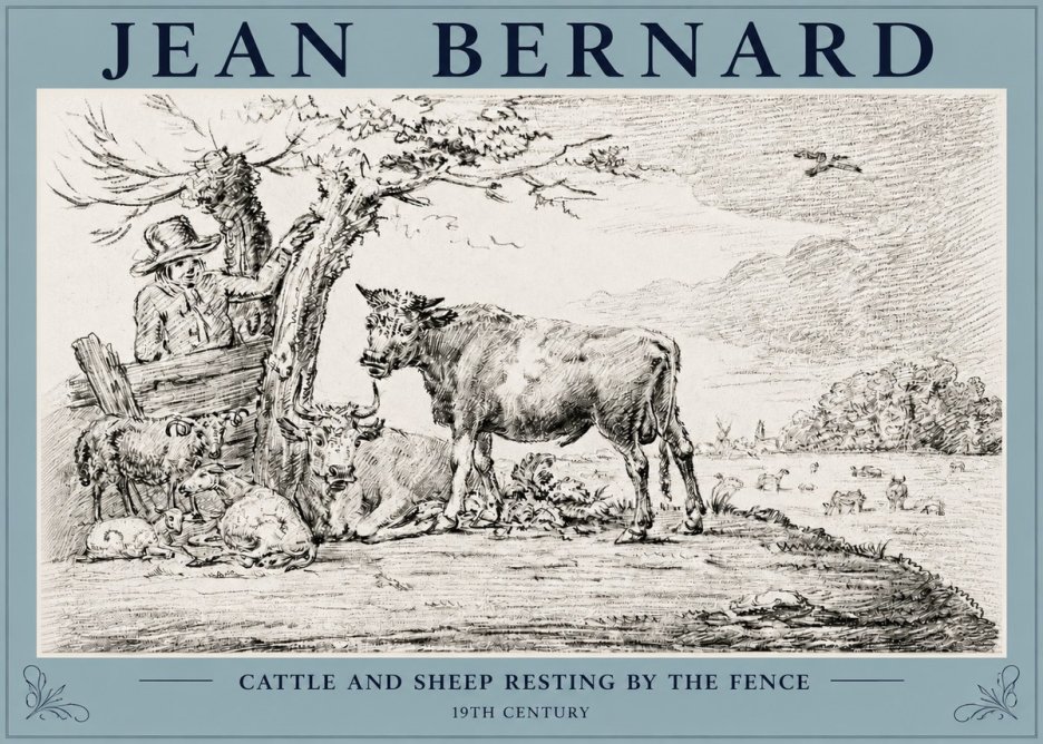 Jean Bernard Cattle and Sheep Resting by the Fence No3 - Affiche