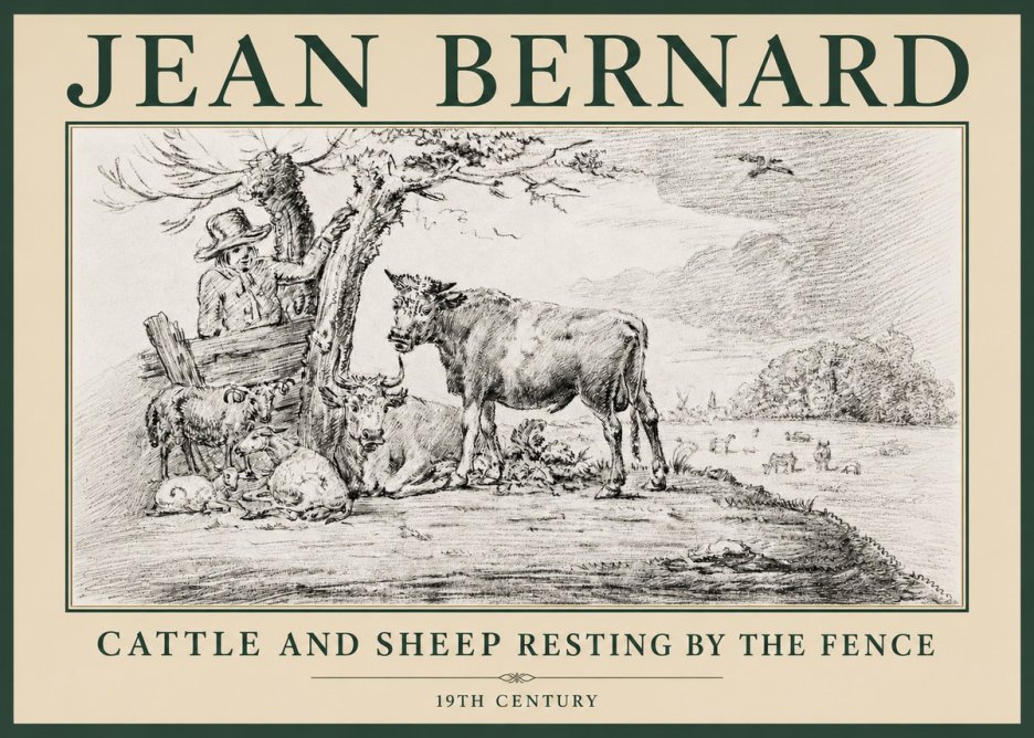 Jean Bernard Cattle and Sheep Resting by the Fence No4 - Affiche
