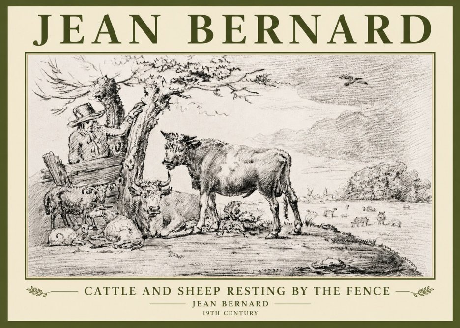 Jean Bernard Cattle and Sheep Resting by the Fence No5 - Affiche