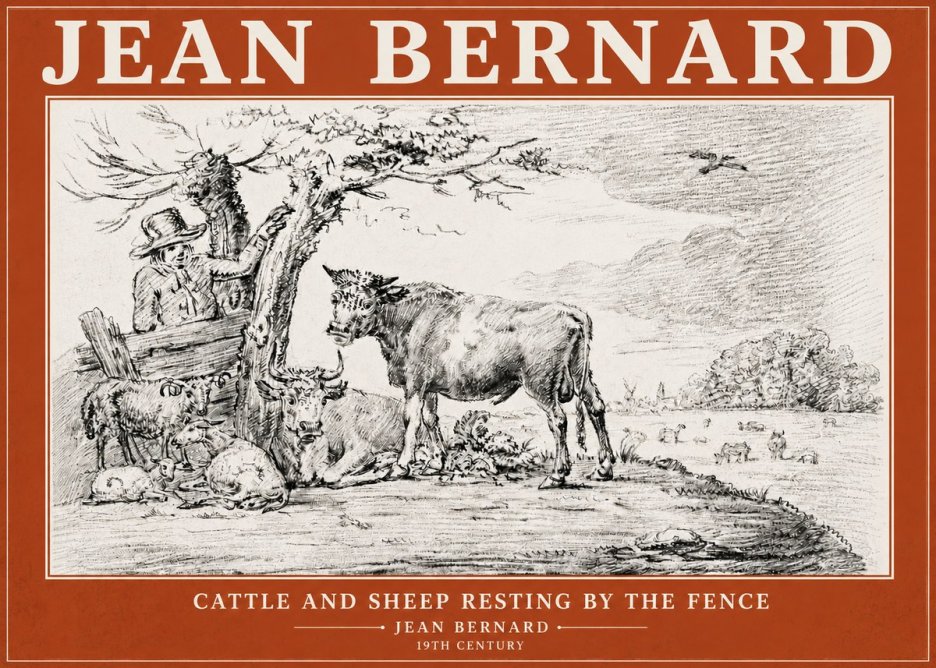 Jean Bernard Cattle and Sheep Resting by the Fence No6 - Affiche