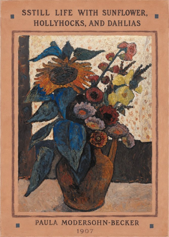 Paula Modersohn-Becker Still Life with Sunflower, Hollyhocks, and Dahlias No3 - Affiche