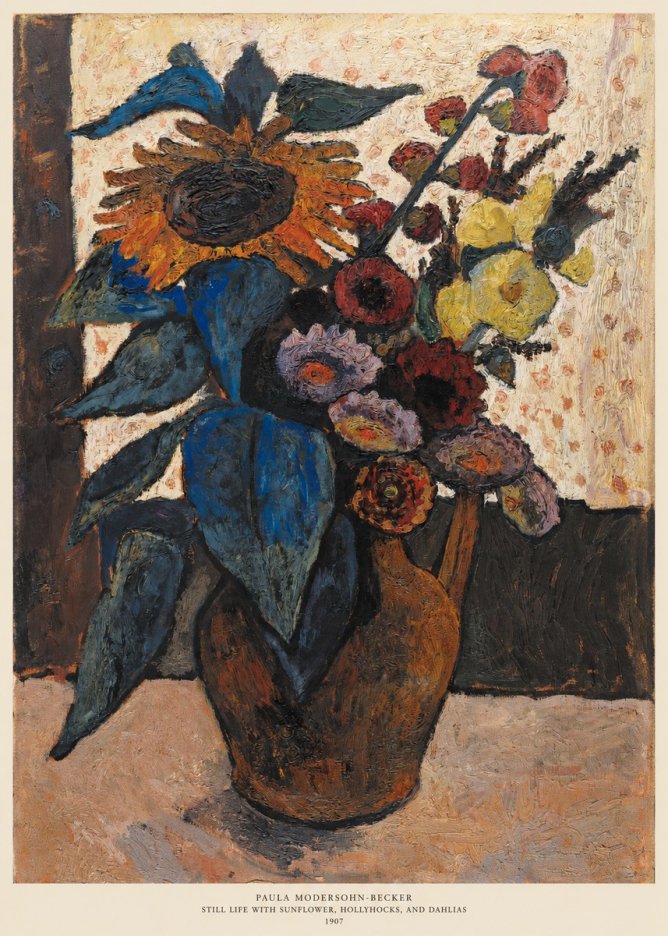 Paula Modersohn-Becker Still Life with Sunflower, Hollyhocks, and Dahlias No6 - Affiche