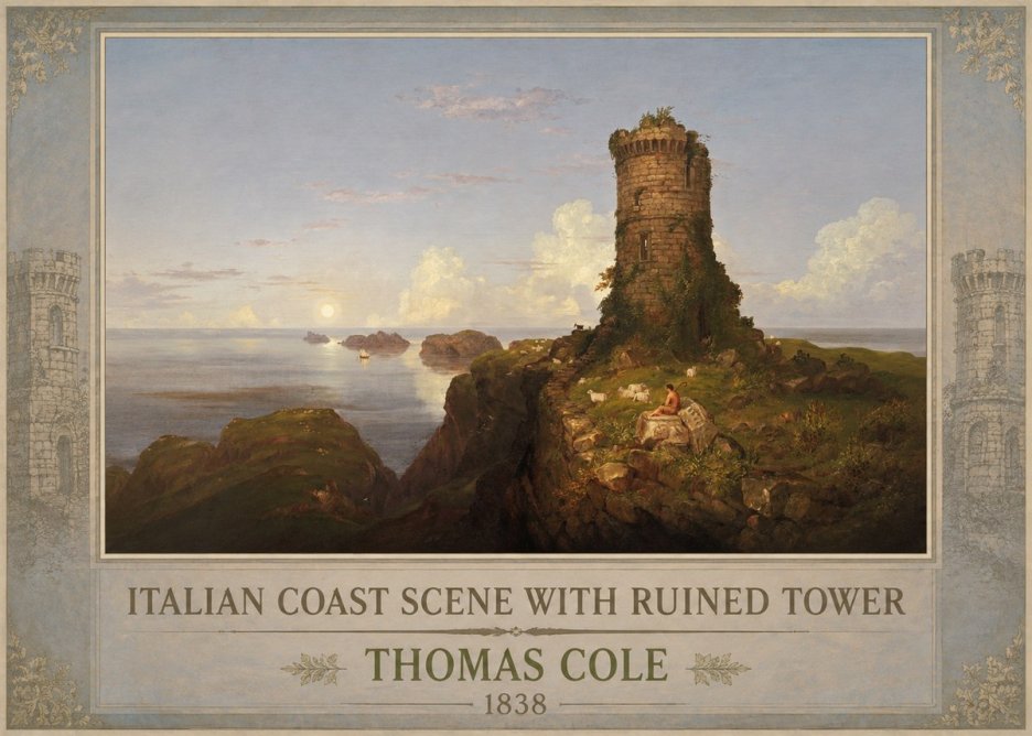 Thomas Cole Italian Coast Scene with Ruined Tower I No1 - Affiche