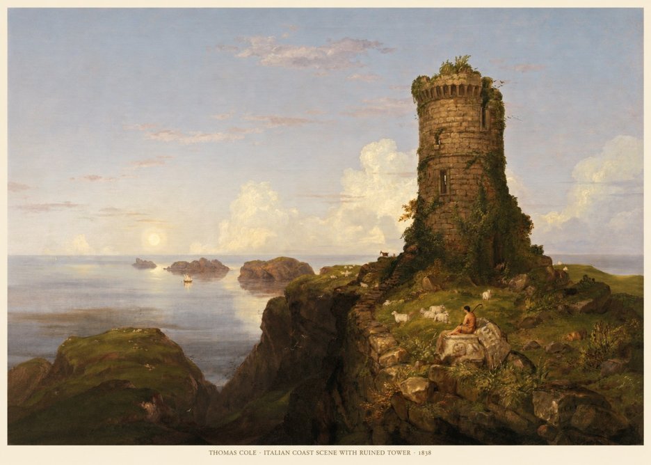 Thomas Cole Italian Coast Scene with Ruined Tower I No5 - Affiche