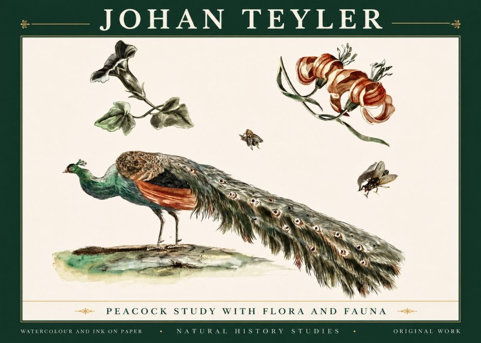 Johan Teyler Peacock Study with Flora and Fauna No5 - Affiche