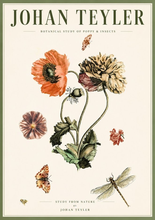 Johan Teyler Botanical Study of Poppy & Insects No5 - Affiche