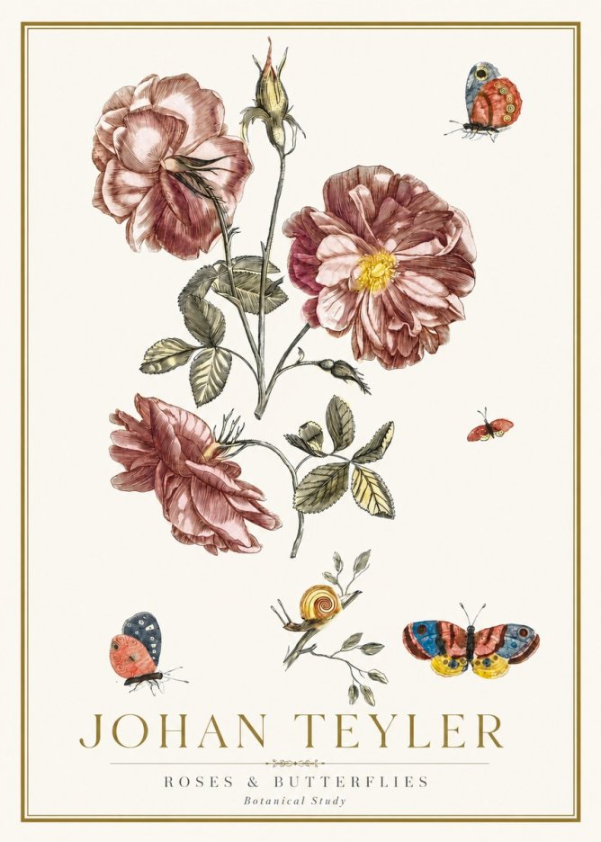 Johan Teyler Roses & Butterflies - Botanical Study No2 - Affiche
