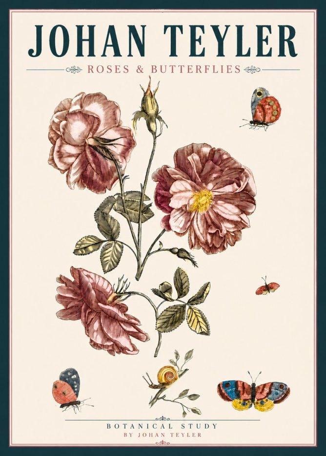 Johan Teyler Roses & Butterflies - Botanical Study No4 - Affiche
