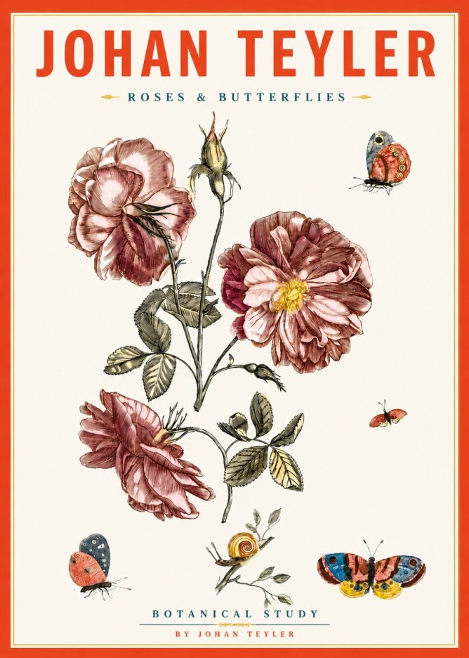 Johan Teyler Roses & Butterflies - Botanical Study No5 - Affiche