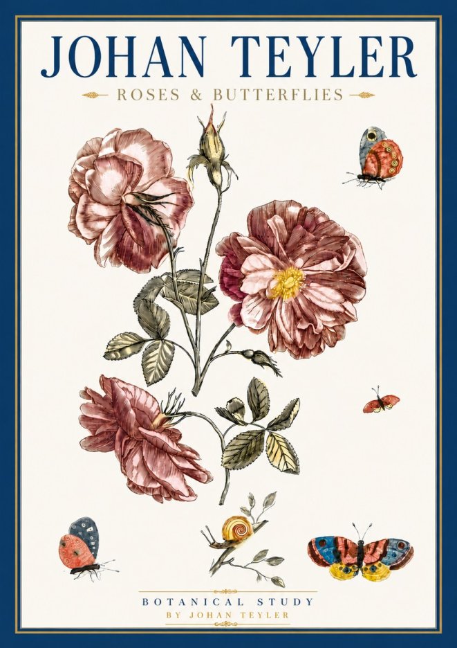 Johan Teyler Roses & Butterflies - Botanical Study No6 - Affiche